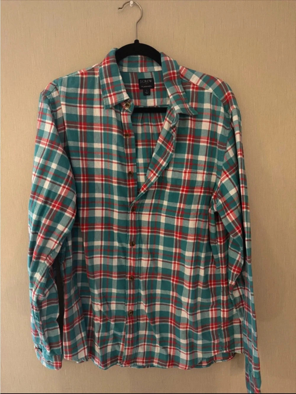 J. Crew large Teal Red Plaid Button-Down flannel Shirt